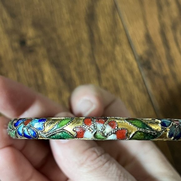 Vintage Cloisonné Blue Gold Floral Motif Enamel Hinged Bangle Bracelet - Picture 16 of 16